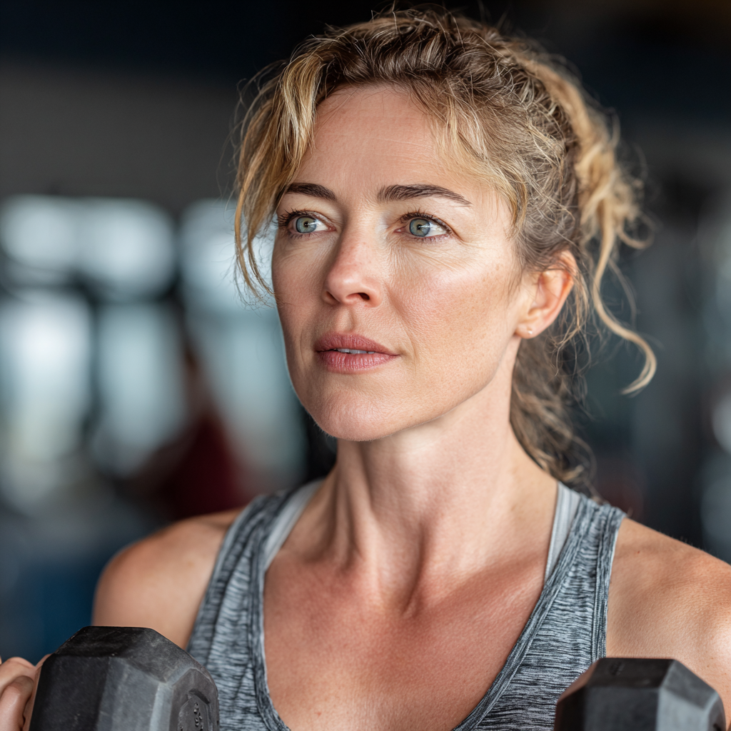 Motivated middle-aged woman in her 40s doing strength training with dumbbells in modern gym, focused and determined expression
