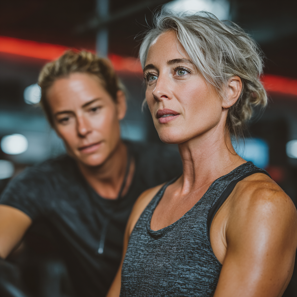 Professional fitness trainer in her 40s working with middle-aged client, demonstrating proper exercise technique in modern fitness studio